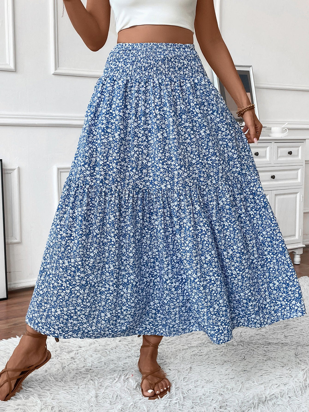 Damen Langer Rock mit floralem Print und elastischem Bund