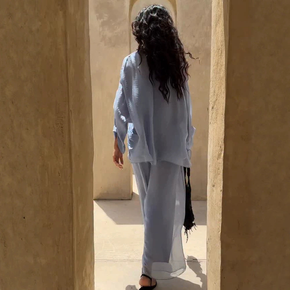 Damen Dreiteiliges Loungewear-Set aus leichter Viskose mit Oversize-Bluse, Top und weiter Palazzohose Shop Nory