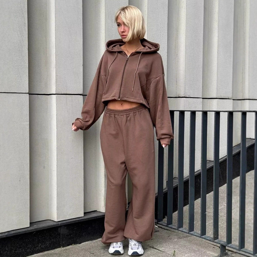 Damen Kurzes Zip-Kapuzenjacke und High‑Waist Loungehose Set Shop Nory
