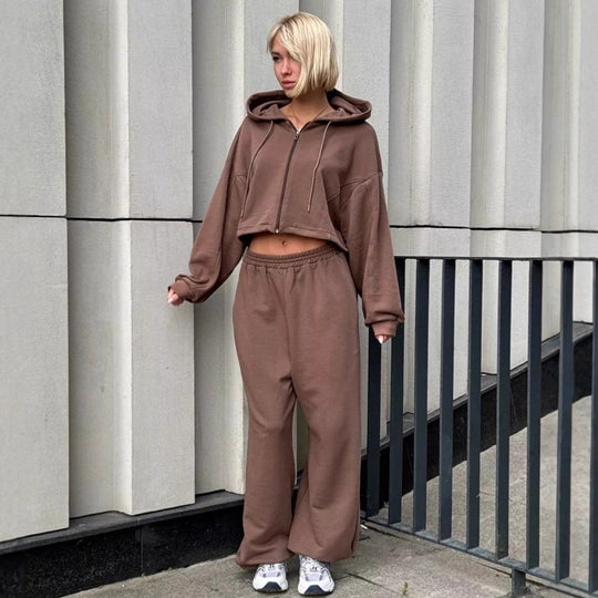 Damen Kurzes Zip-Kapuzenjacke und High‑Waist Loungehose Set Shop Nory
