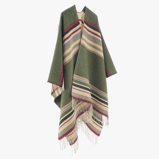 Damen Oversize Deckenponcho aus Wollmix mit gestreifter Bordüre und Fransen Shop Nory