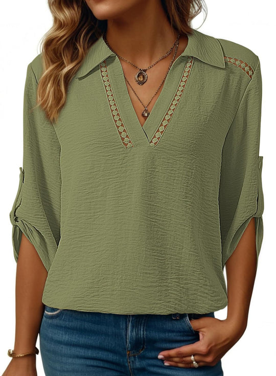Damen Bluse mit V-Ausschnitt, gehäkelter Spitzenpasse und krempelbaren Dreiviertelärmeln Shop Nory