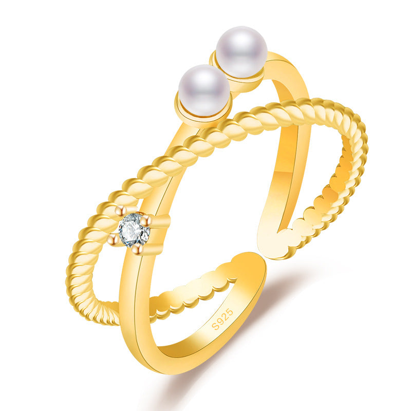 Damen Offener Ring mit doppeltem Perlen-Design und funkelndem Zirkonia Shop Nory