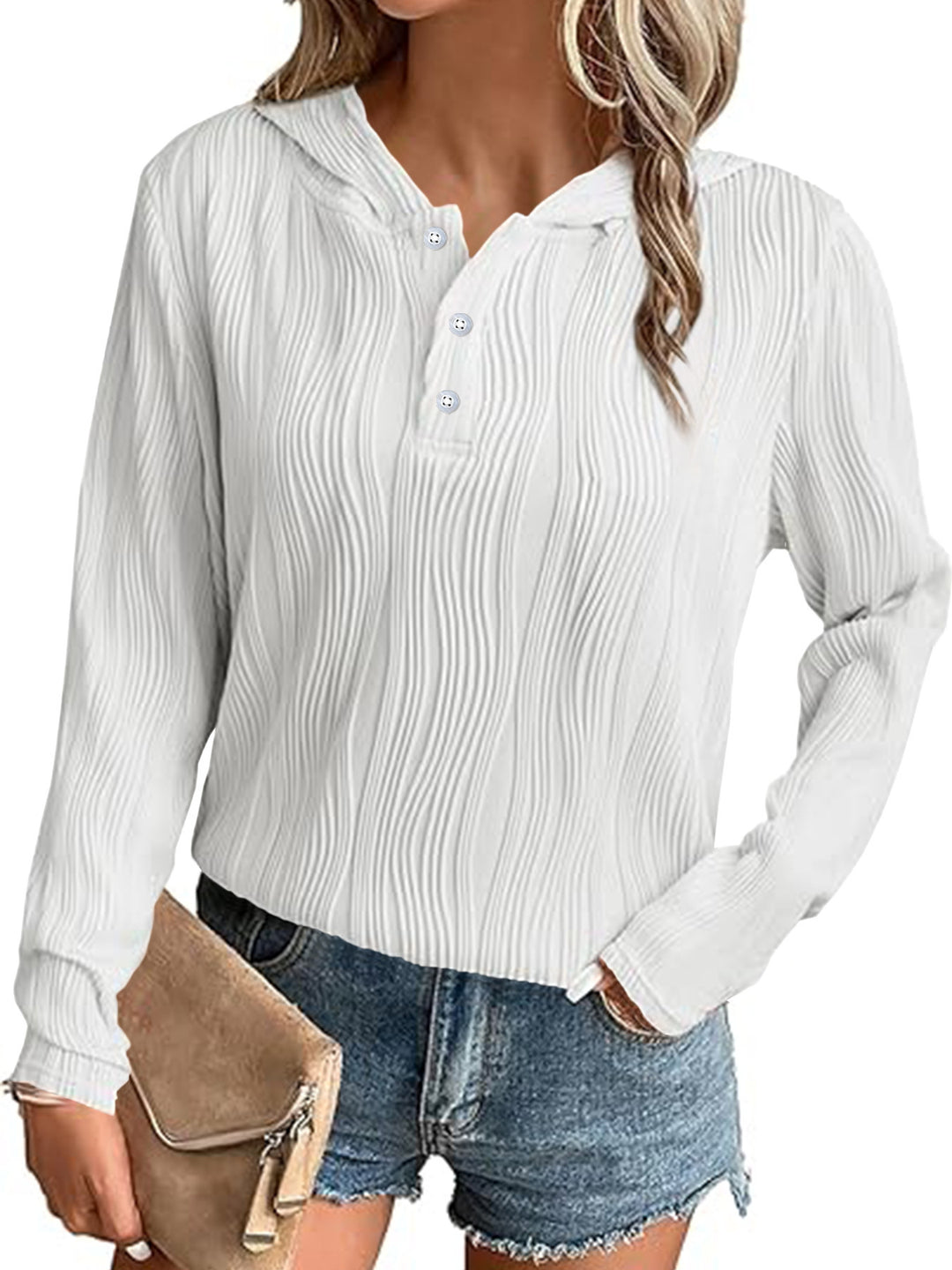 Damen Geripptes Kapuzen-Henleyshirt mit Knopfleiste und leichter Struktur Shop Nory