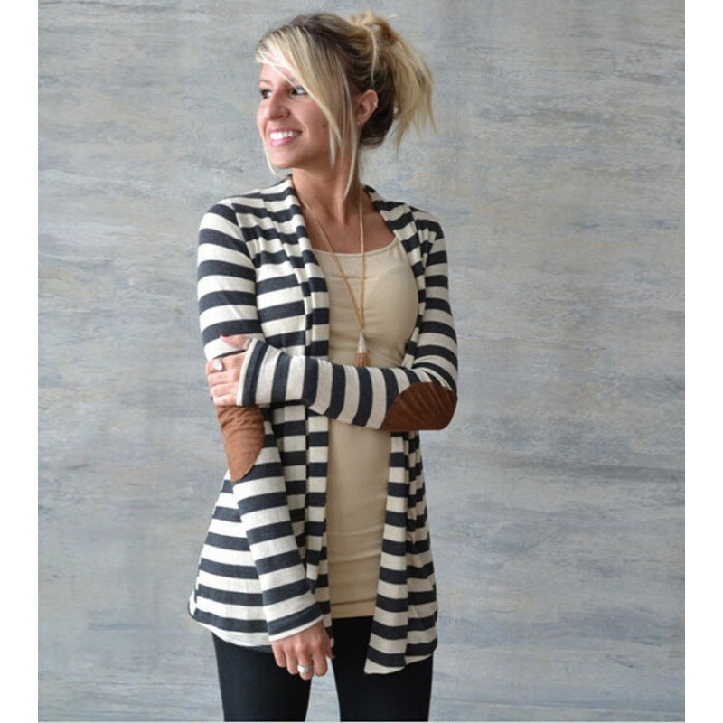 Damen Gestreifter Longcardigan mit offenem Waterfall-Schnitt und Ellbogen-Patches Shop Nory
