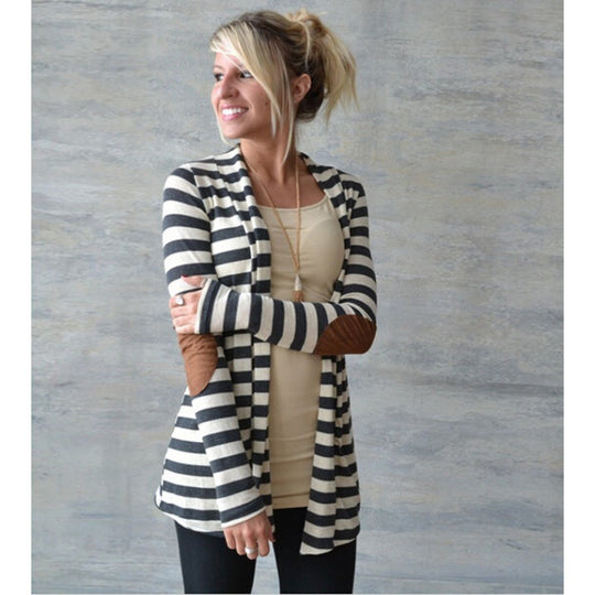 Damen Gestreifter Longcardigan mit offenem Waterfall-Schnitt und Ellbogen-Patches Shop Nory