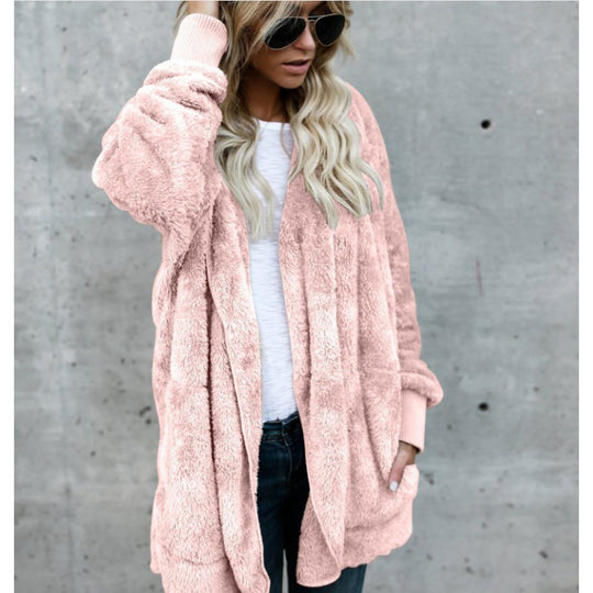 Damen Oversize Teddy‑Fleece‑Mantel mit offener Front, Eingrifftaschen und Rippbündchen Shop Nory