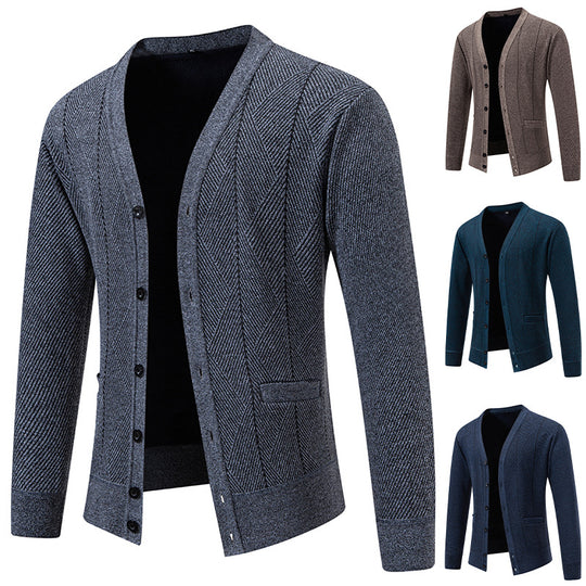 Herren Strukturierter Feinstrick-Cardigan mit Chevron‑Muster, V‑Ausschnitt und Eingrifftaschen Shop Nory