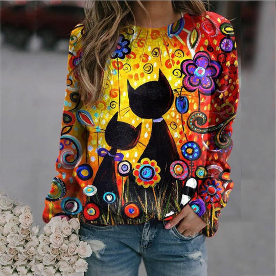 Damen Oversized-Sweatshirt mit künstlerischem Katzen-Print und floraler Musterung Shop Nory