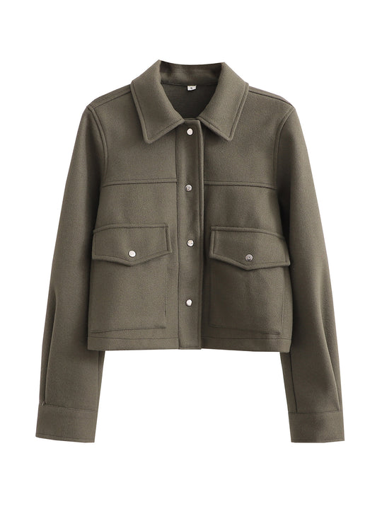 Damen Kurz geschnittene Wolloptik-Jacke mit Pattentaschen und Druckknöpfen Shop Nory