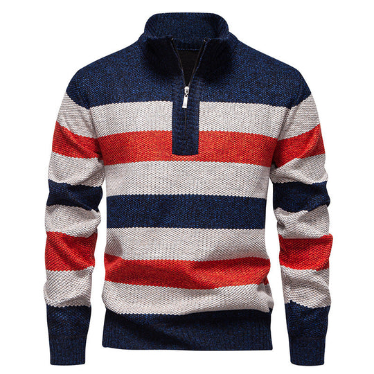 Herren modischer Strickpullover mit halbhohem Kragen und kontrastierenden Streifen