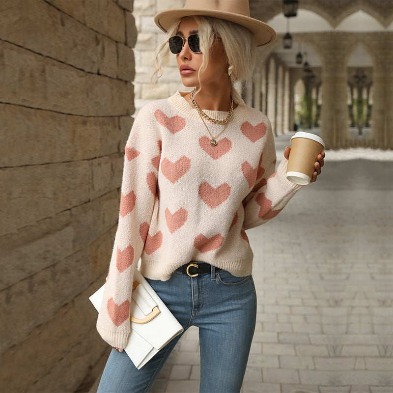Damen Oversize-Pullover mit Herzjacquard und Rundhalsausschnitt Shop Nory
