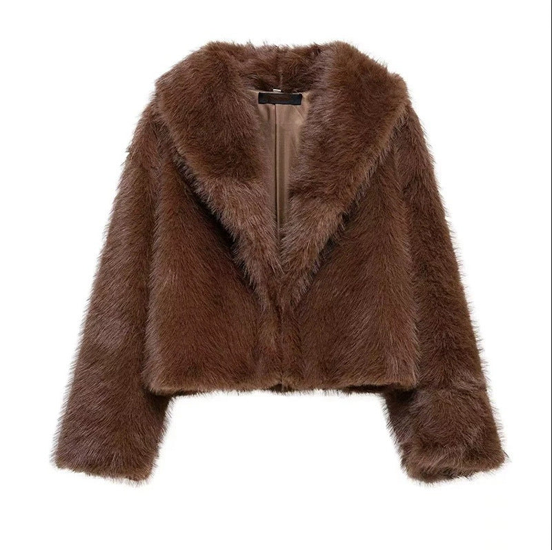 Damen Kurze Cropped Kunstpelzjacke mit voluminösem Schalkragen Shop Nory