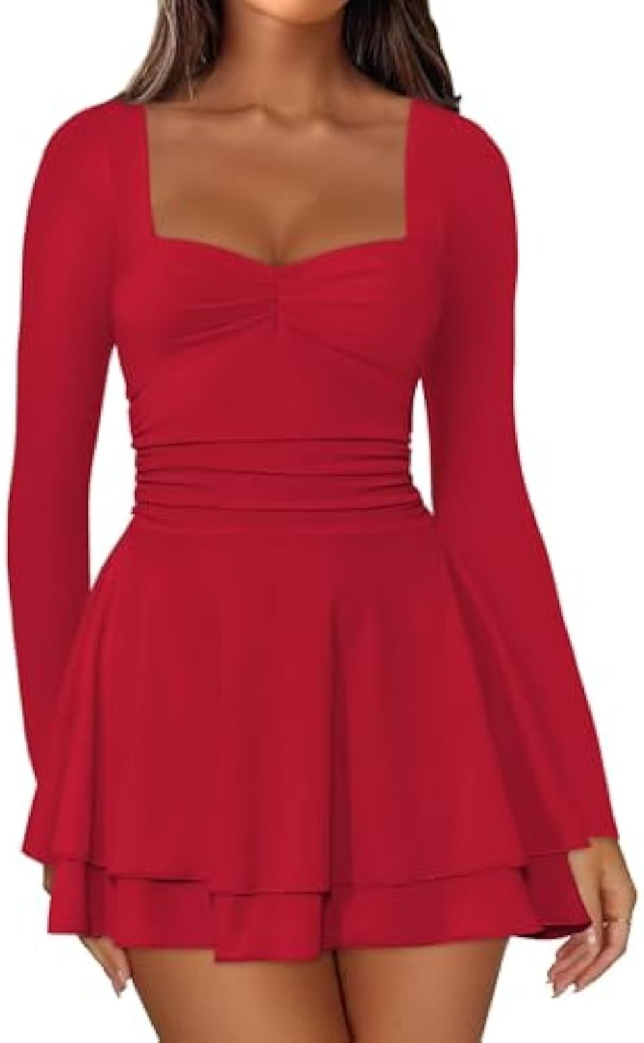 Damen Langarm-Minikleid mit quadratischem Ausschnitt, taillierter Raffung und zweilagigem Volantrock Shop Nory
