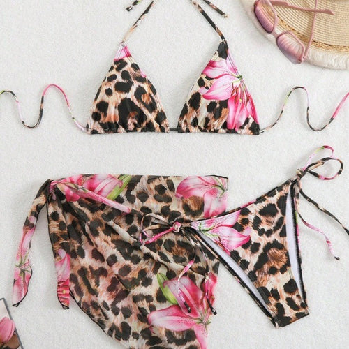 Damen Bikini-Set mit elegantem Leopardenmuster und verspielten Blumendetails