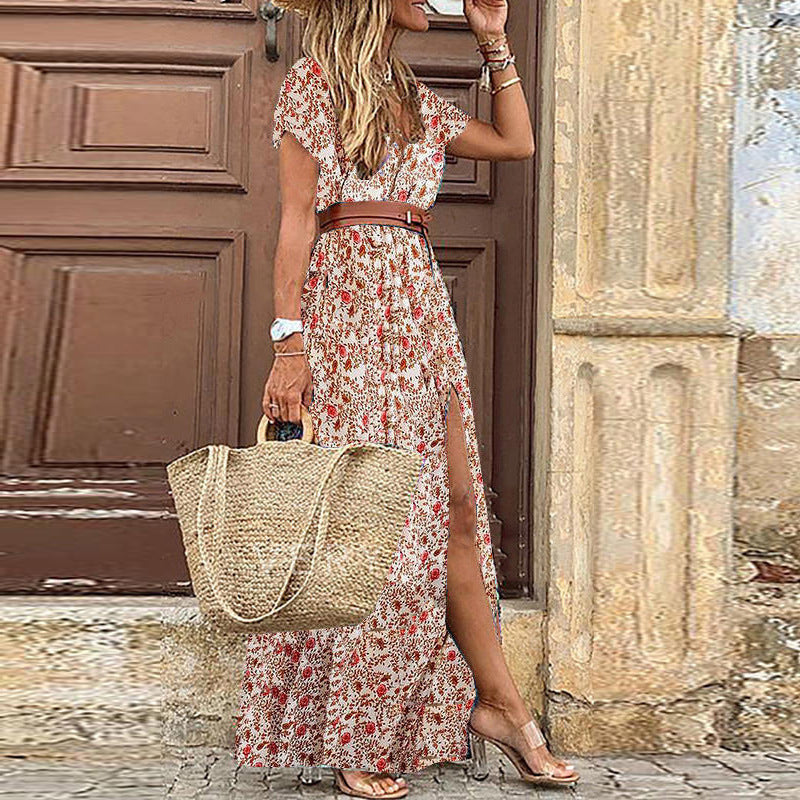 Damen Maxikleid mit seitlichem Schlitz und V-Ausschnitt Shopnory