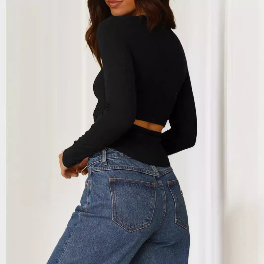 Damen Geripptes bauchfreies Langarmshirt mit quadratischem Ausschnitt Shop Nory