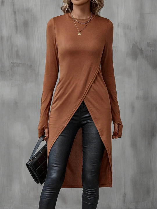 Damen Langes asymmetrisches Wickel-Tunika-Top mit Frontschlitz Shop Nory