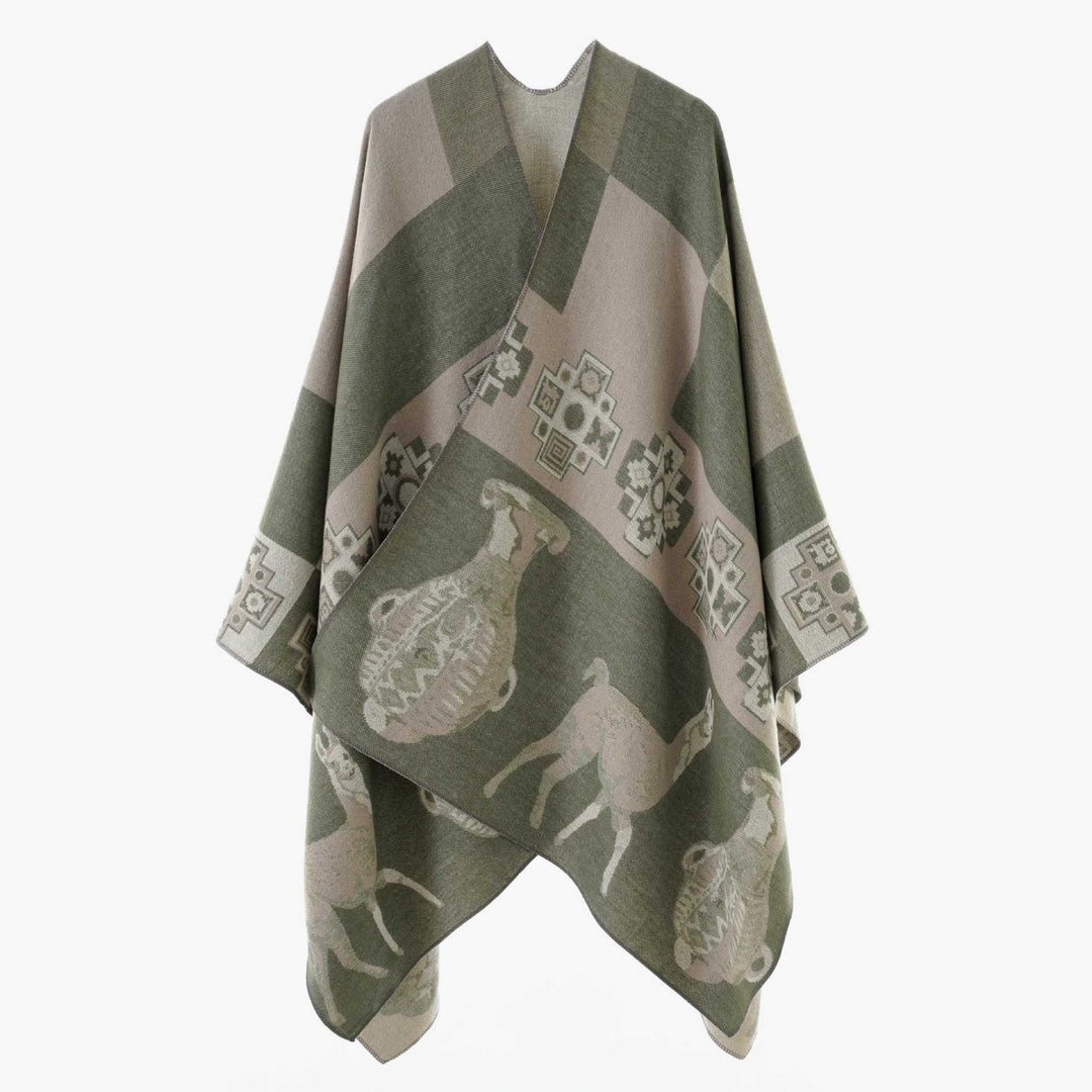 Damen Jacquard‑Strickponcho mit Ethno‑Tiermotiven und offenem Kimono‑Schnitt Shop Nory