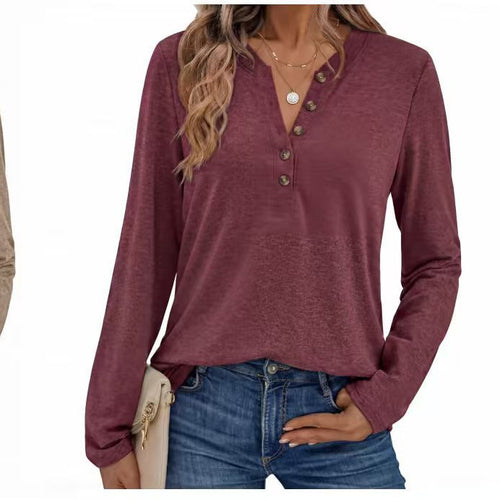 Damen Leichtes Henley-Longsleeve mit V‑Ausschnitt, Knopfleiste und legerer Passform Shop Nory