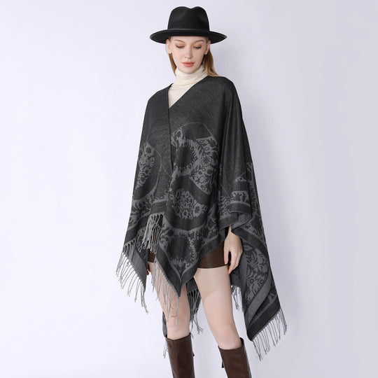 Damen Oversize-Umhangponcho mit floralen Medaillon-Jacquard und Fransensaum Shop Nory