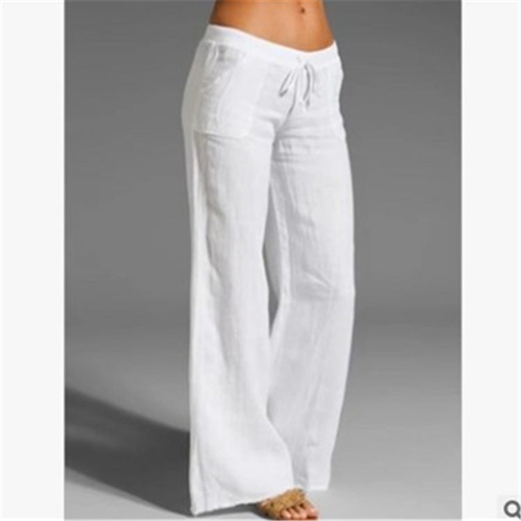 Damen weite Leinenhose mit hochgezogenem Bund und seitlichen Taschen