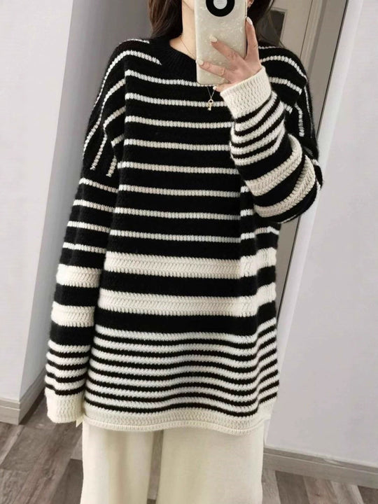 Damen Oversize-Longpullover aus grobem Streifenstrick mit Rundhalsausschnitt Shop Nory
