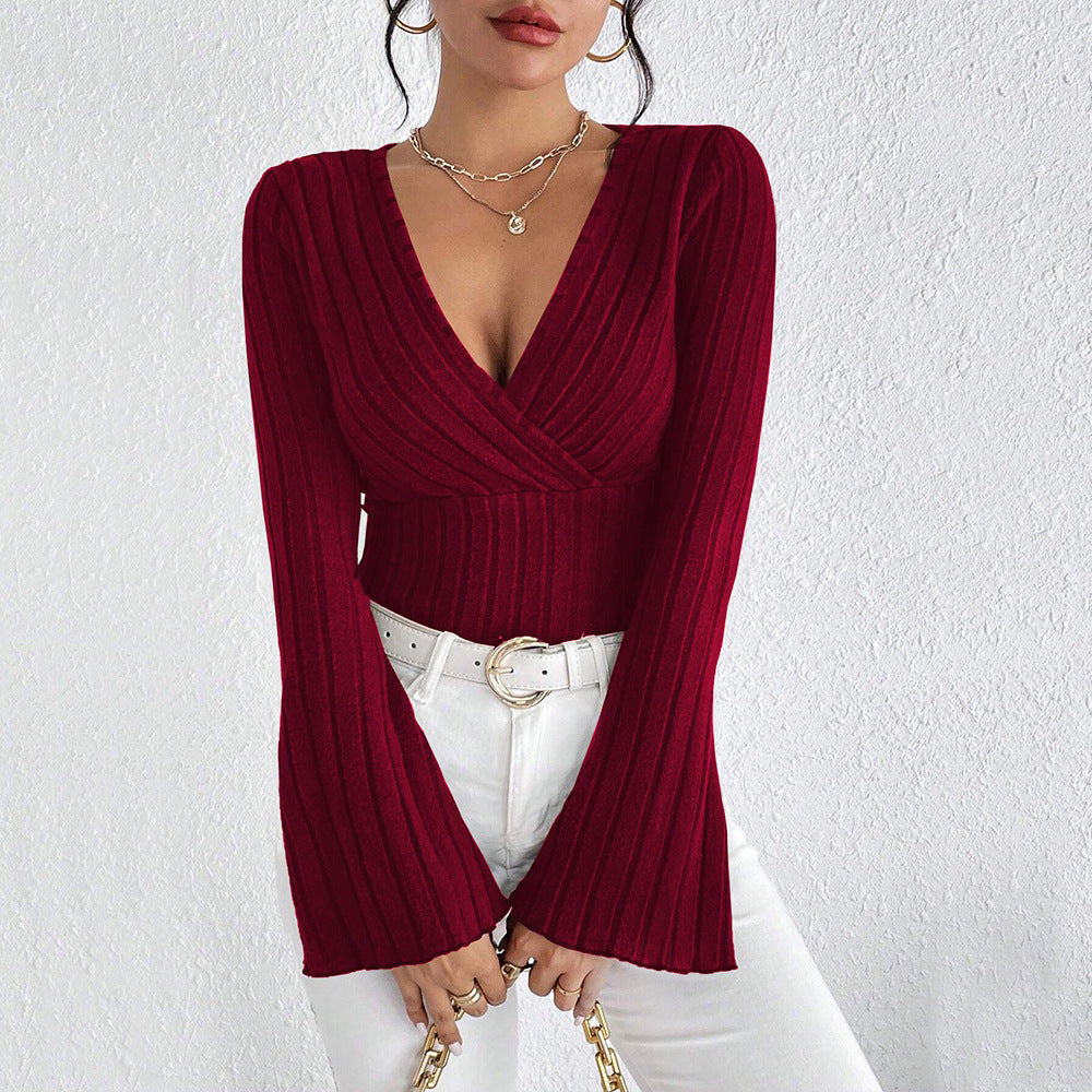 Damen gerippte Wickel-Strickbluse mit tiefem V-Ausschnitt und ausgestellten Glockenärmeln Shop Nory