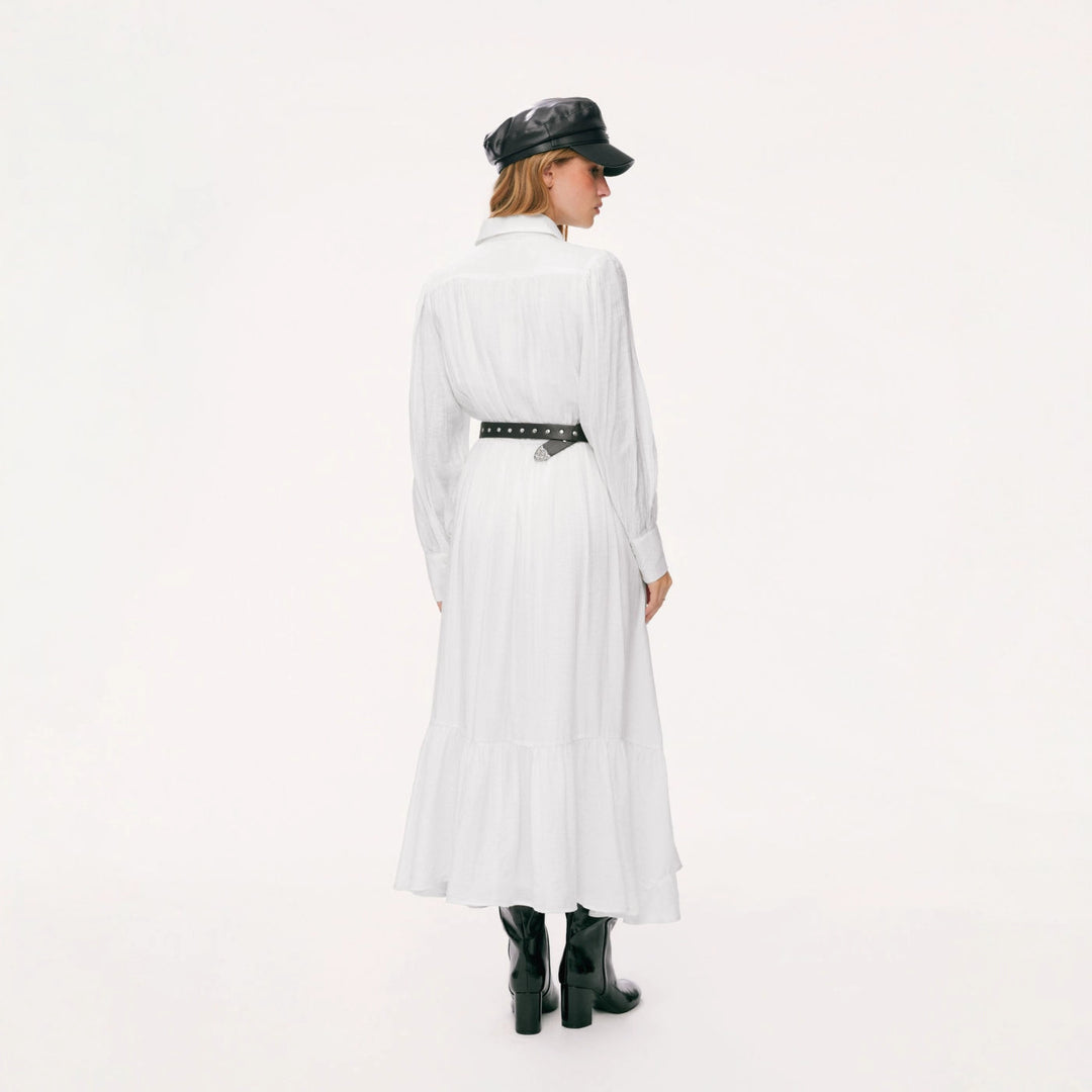 Damen Langes Hemdblusenkleid mit Spitzenbesatz, Taillierung und Stufenrock Shop Nory