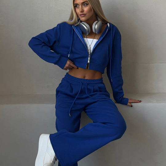 Damen cropped Reißverschluss-Kapuzenpullover mit hohem Bund Palazzo-Jogger Set Shop Nory