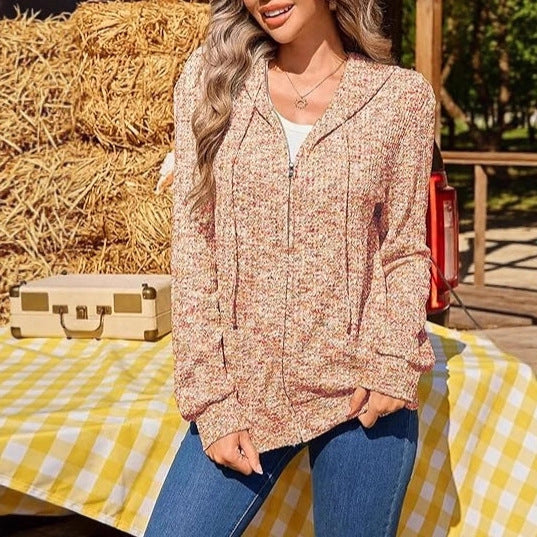 Damen Leichter Strick-Kapuzencardigan mit durchgehendem Reißverschluss und Eingrifftaschen Shop Nory