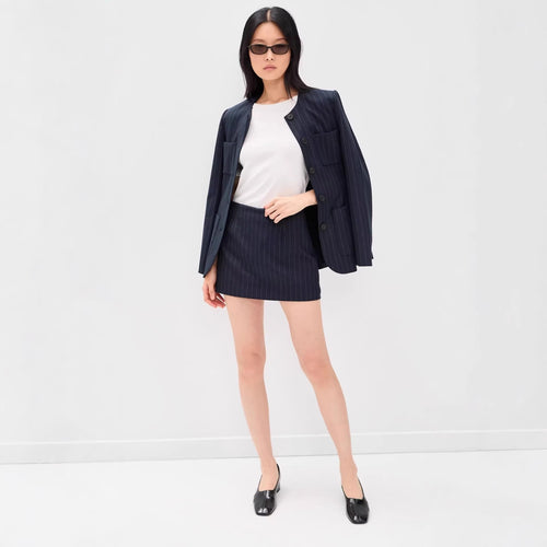Damen Nadelstreifen‑Blazer ohne Revers mit tailliertem Minirock‑Set Shop Nory