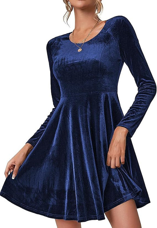 Damen Elegantes Samtkleid mit geschwungenem Saum und langen Ärmeln