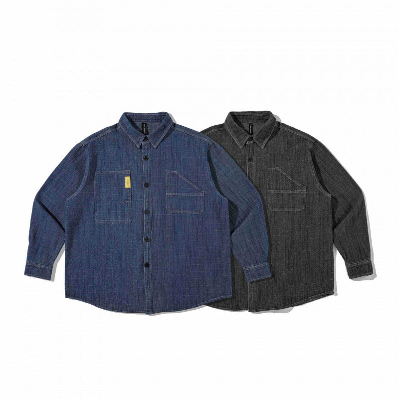 Unisex Kastenförmiges Denim-Overshirt im Worker-Look mit aufgesetzten Taschen und gerundetem Saum Shop Nory