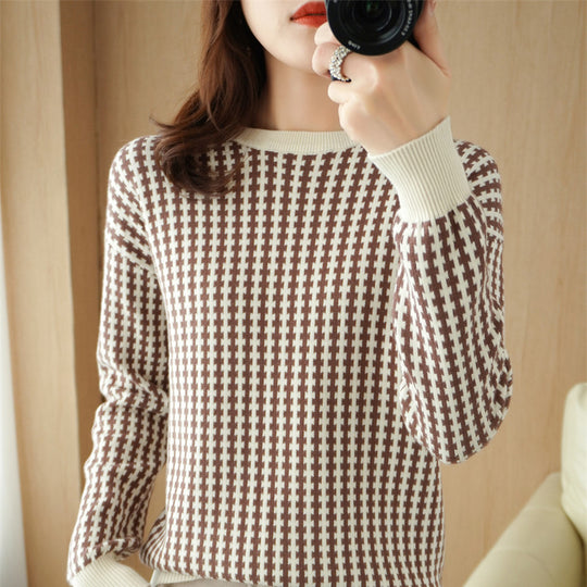Damen Leichter Strukturstrick-Pullover mit Hahnentritt-Muster und breitem Rippbündchen Shop Nory