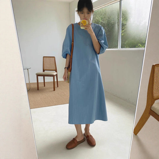 Damen Leichtes A-Linien Midikleid aus Baumwoll-Popeline mit ballonförmigen Ellenbogenärmeln Shop Nory