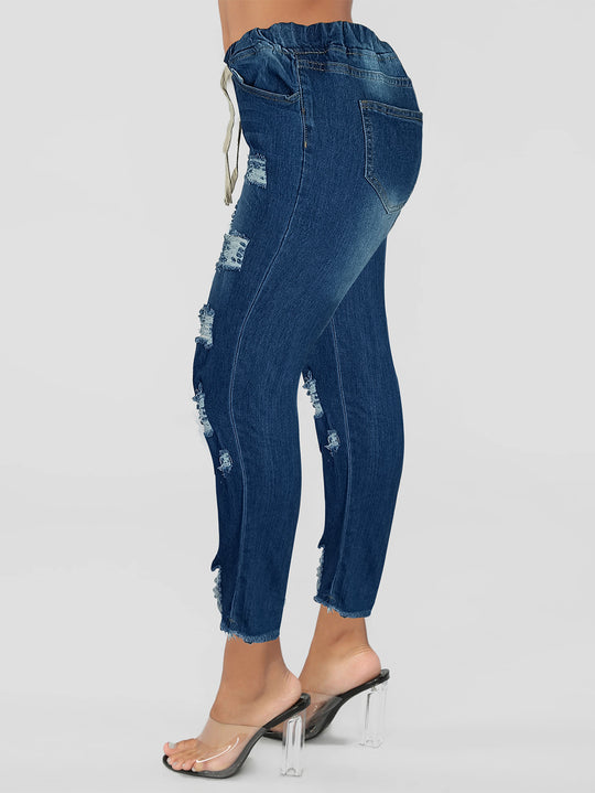 Damen Skinny-Jeggings mit hohem elastischem Tunnelzugbund und Destroyed-Details Shop Nory