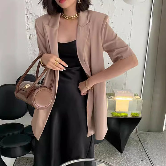 Damen Eleganter Satin-Blazer mit doppelter Knopfleiste Shop Nory