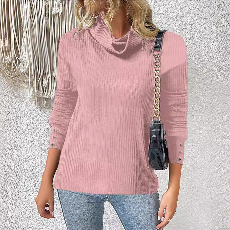 Damen Rippschneider Rollkragenpullover mit 3/4-Ärmeln und dekorativer Knopfleiste Shop Nory