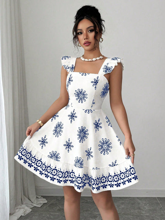 Damen Gestuftes Sommerkleid mit Quadrat-Ausschnitt, Rüschen-Trägern und bestickter A-Linie Shop Nory