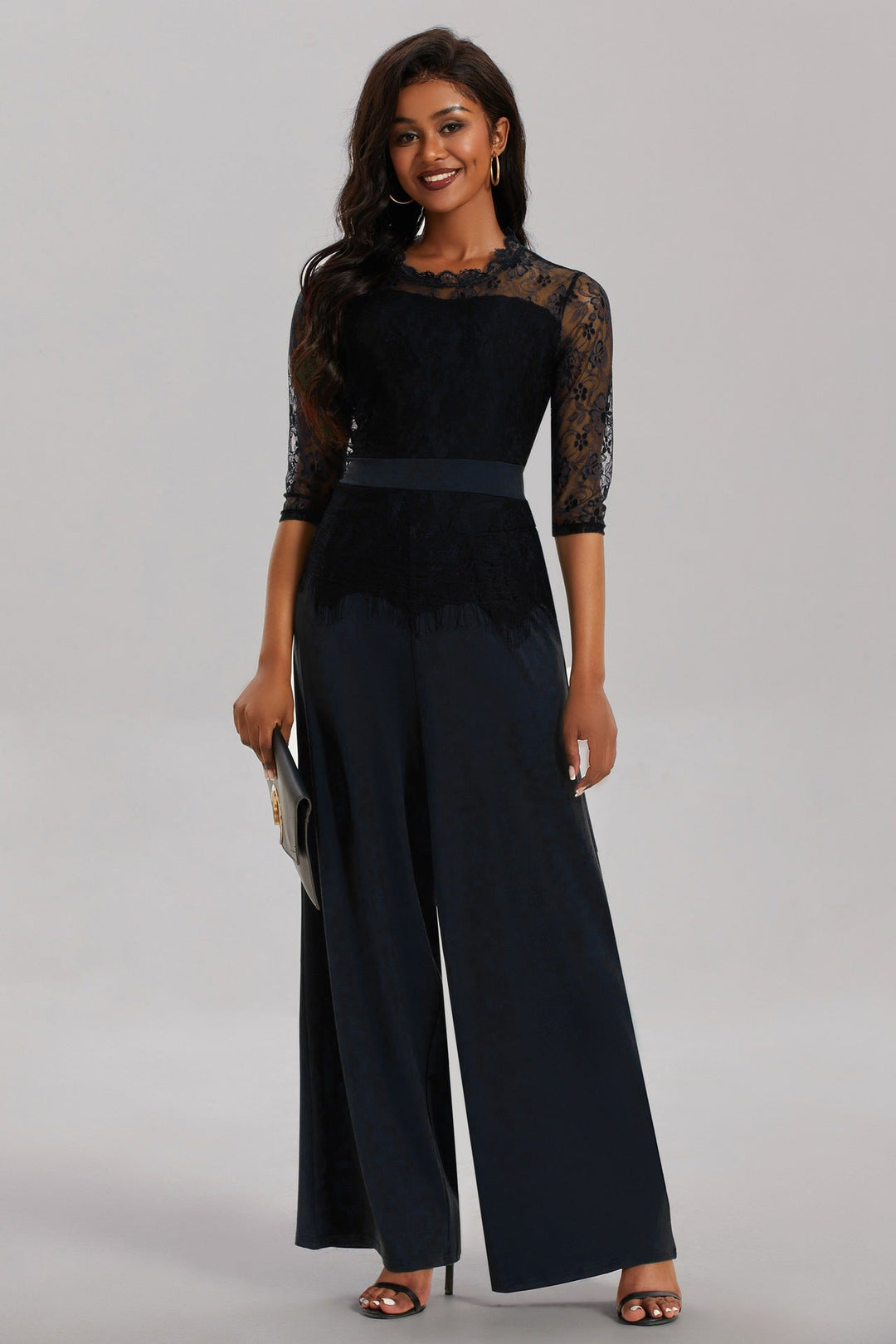 Eleganter Damen Jumpsuit mit Spitzenärmeln und Weitem Bein | Shopnory