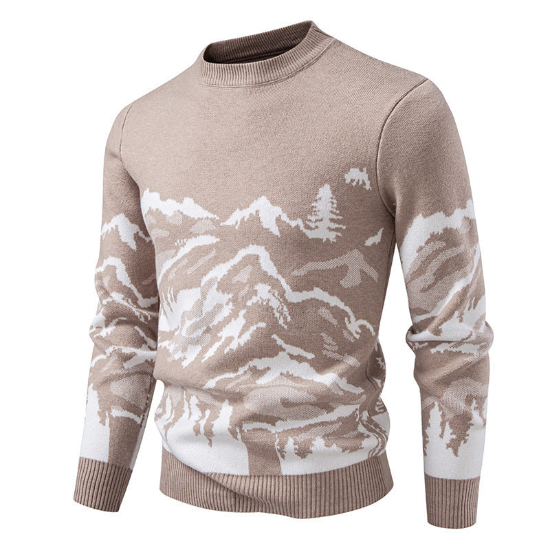 Herren Strickpullover mit Bergmotiv und hohem Kragen