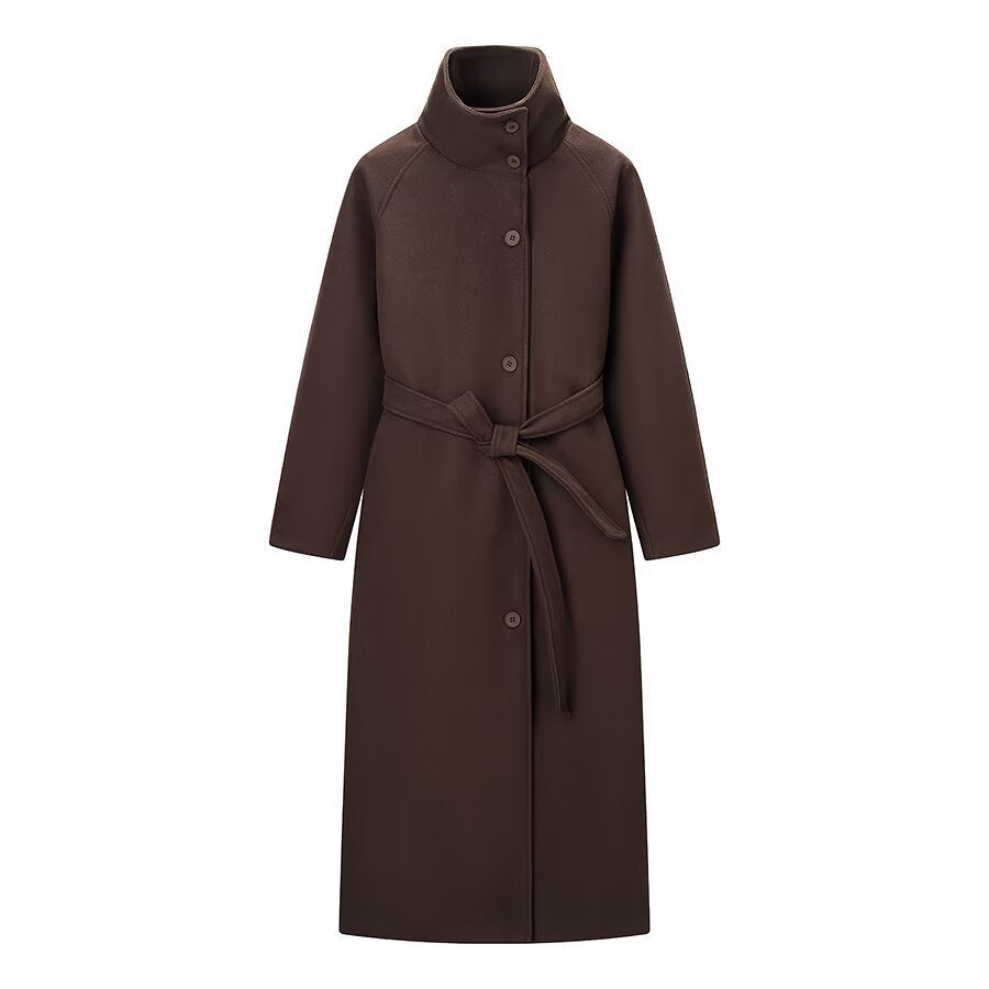 Damen Langmantel mit Bindegürtel und hohem Stehkragen aus Wollmix Shop Nory
