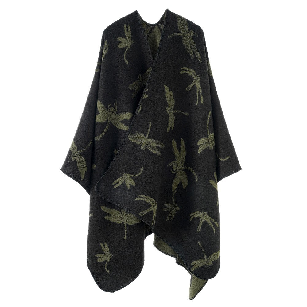 Damen Wollmix-Poncho mit Libellen-Jacquard und offenem Wasserfall-Schnitt Shop Nory