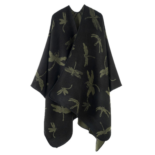 Damen Wollmix-Poncho mit Libellen-Jacquard und offenem Wasserfall-Schnitt Shop Nory