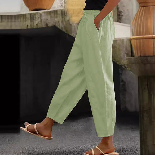 Damen Leinen-Mischung Cropped-Hose mit elastischem Bund, Kordelzug und Seitentaschen Shop Nory