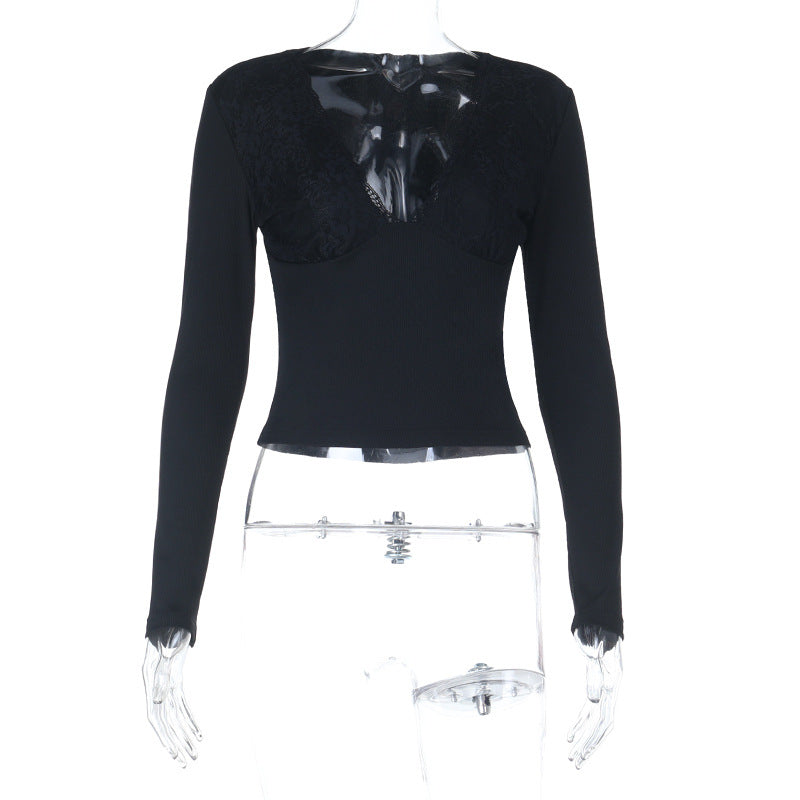 Damen Tailliertes Langarm-Top mit Spitzen-Cupping und Rippstruktur Shop Nory
