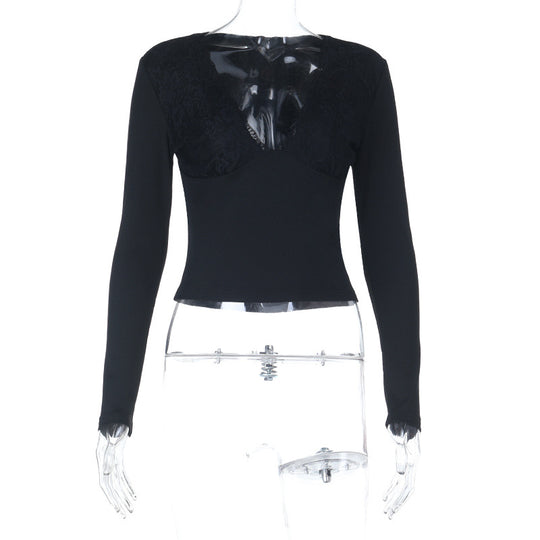 Damen Tailliertes Langarm-Top mit Spitzen-Cupping und Rippstruktur Shop Nory