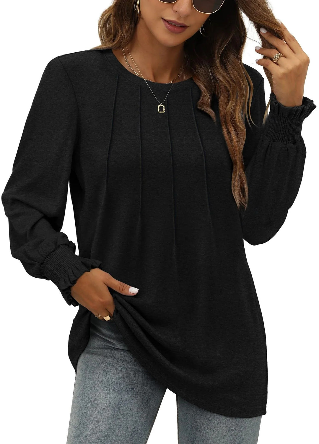 Damen Longsleeve-Tunika mit senkrechten Biesen und gerafften Rüschbündchen Shop Nory