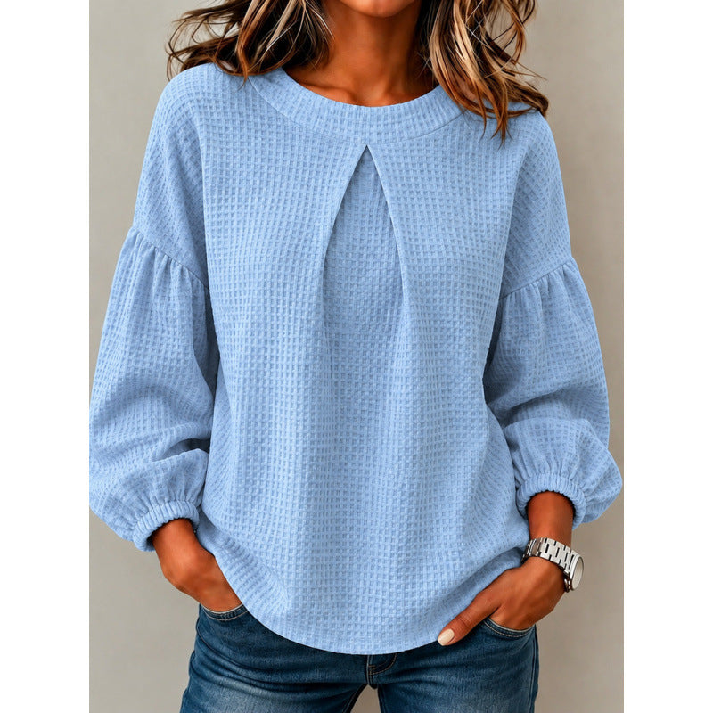 Damen Lockeres Waffelstrick-Sweatshirt mit Vorderfalte und Ballonärmeln Shop Nory